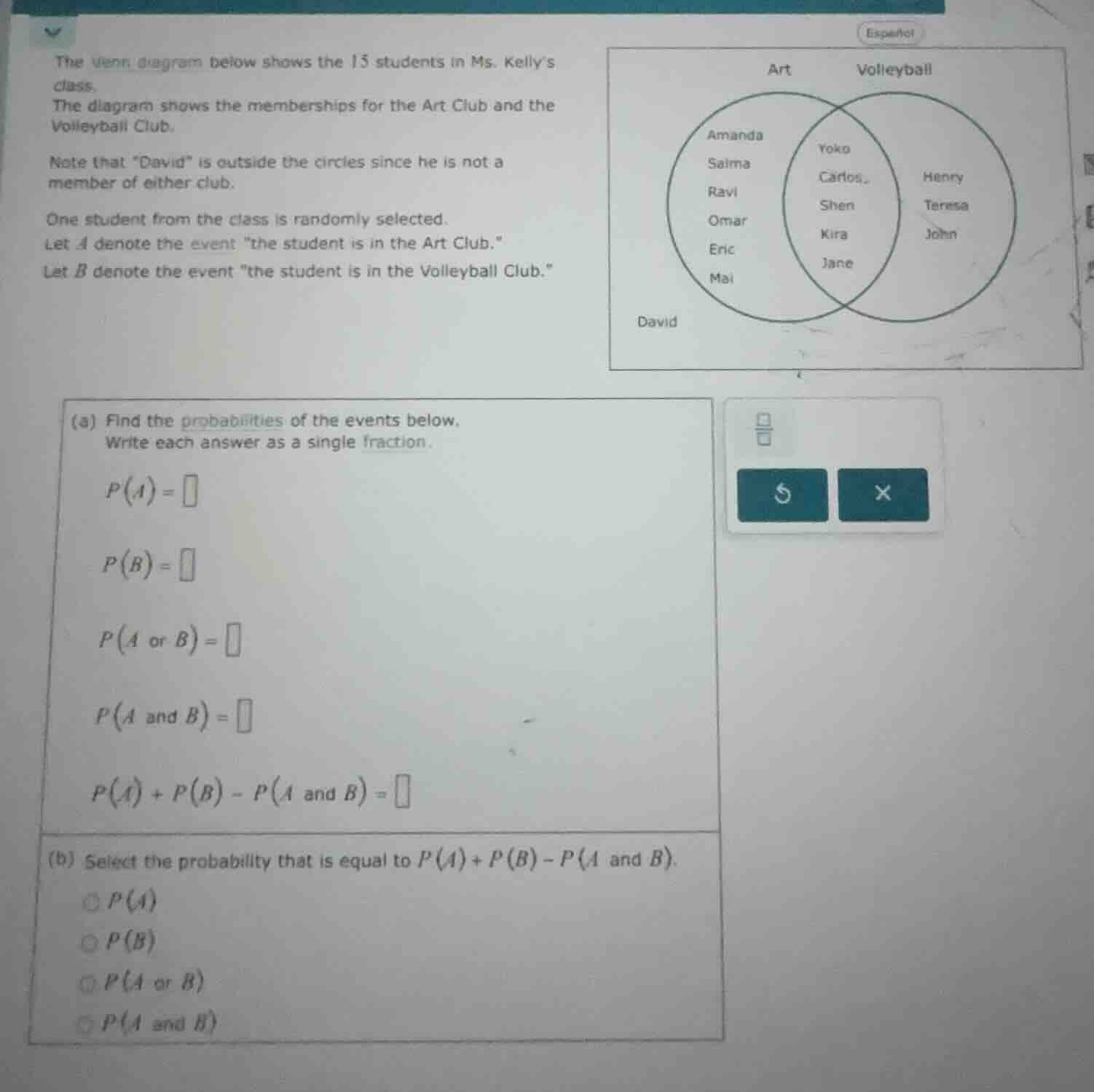 the venn diagram below shows the 15 students in ms. kellys class. the d…