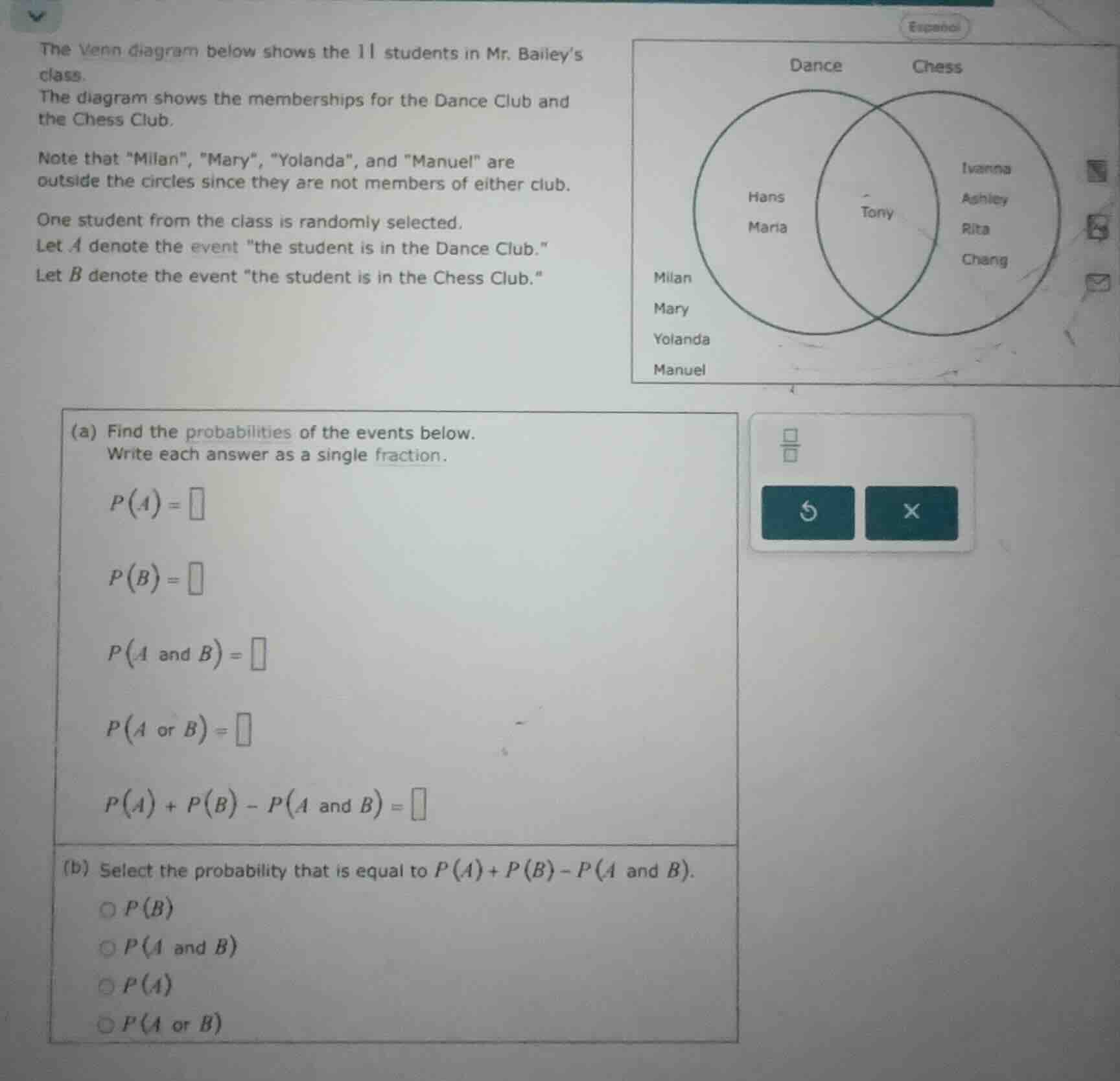 the venn diagram below shows the 11 students in mr. baileys class. the …