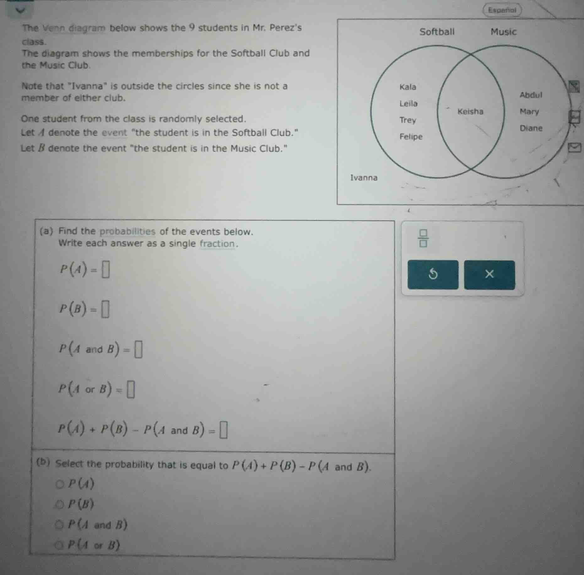 the venn diagram below shows the 9 students in mr. perezs class. the di…