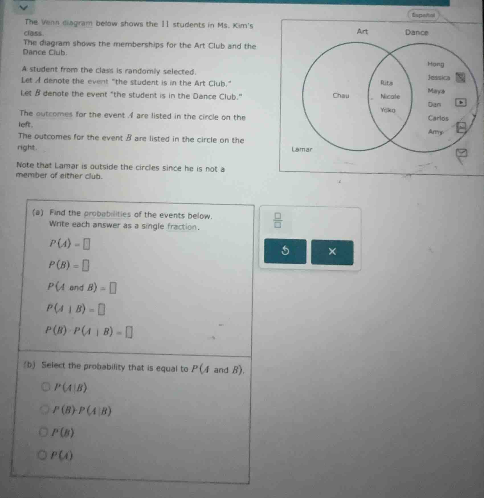 the venn diagram below shows the 11 students in ms. kims class. the dia…