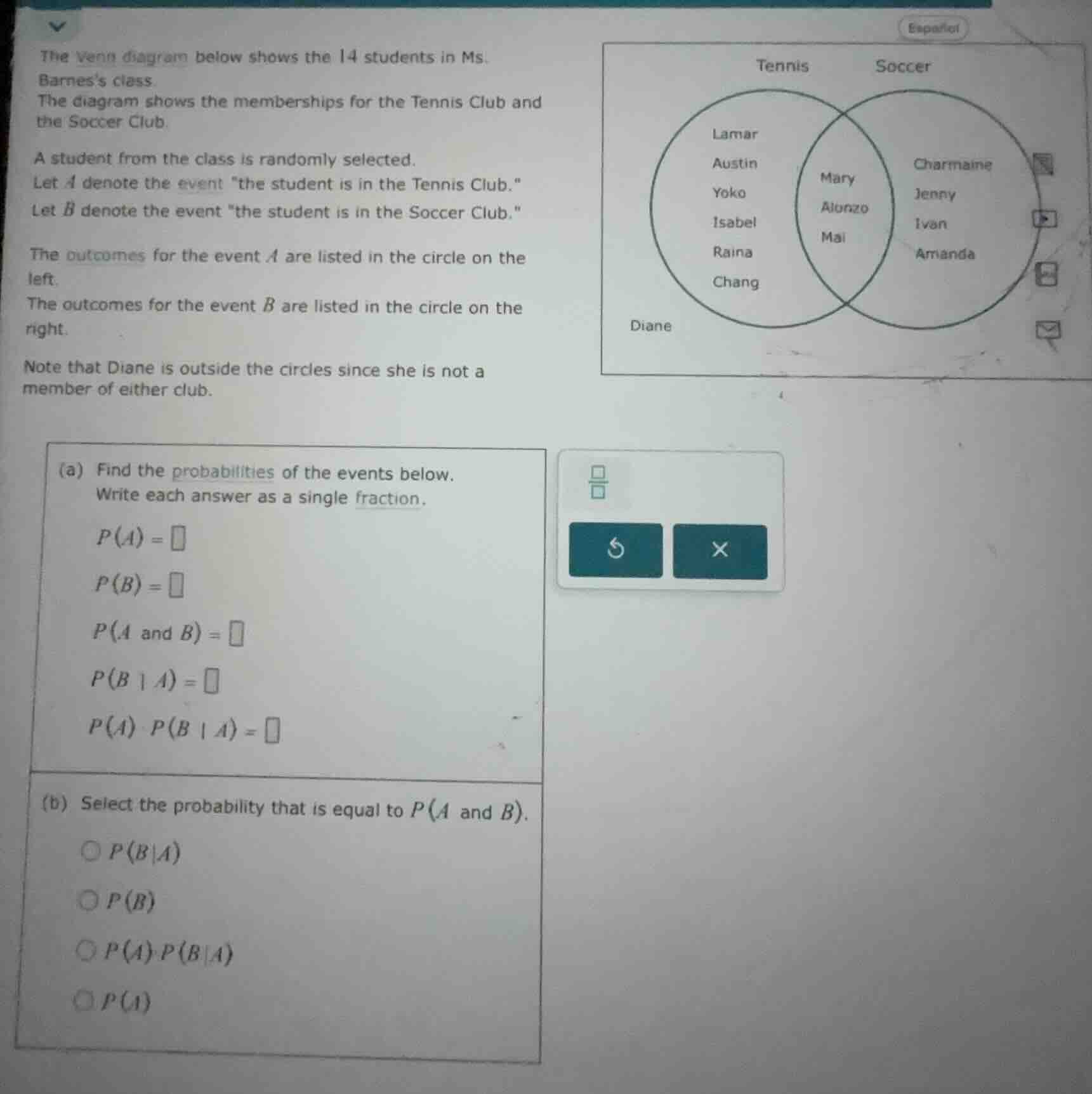 the venn diagram below shows the 14 students in ms. barness class. the …