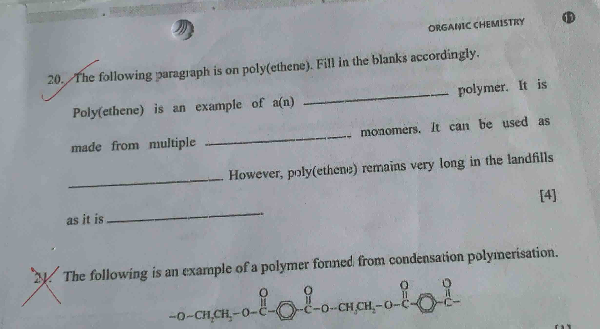 organic chemistry 20. the following paragraph is on poly(ethene). fill …