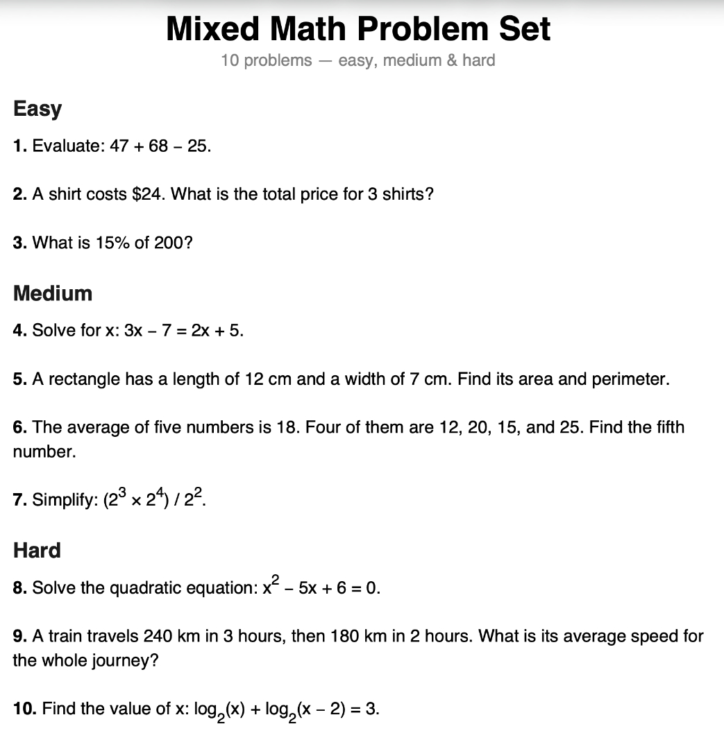 mixed math problem set 10 problems - easy, medium & hard easy 1. evalua…