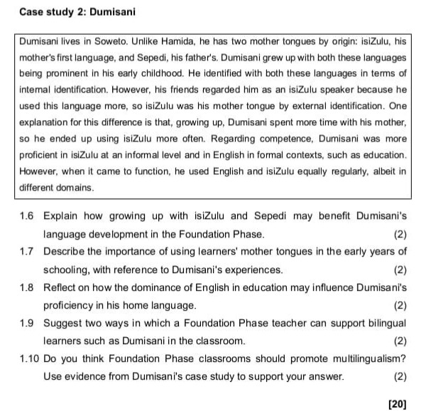 case study 2: dumisani dumisani lives in soweto. unlike hamida, he has …