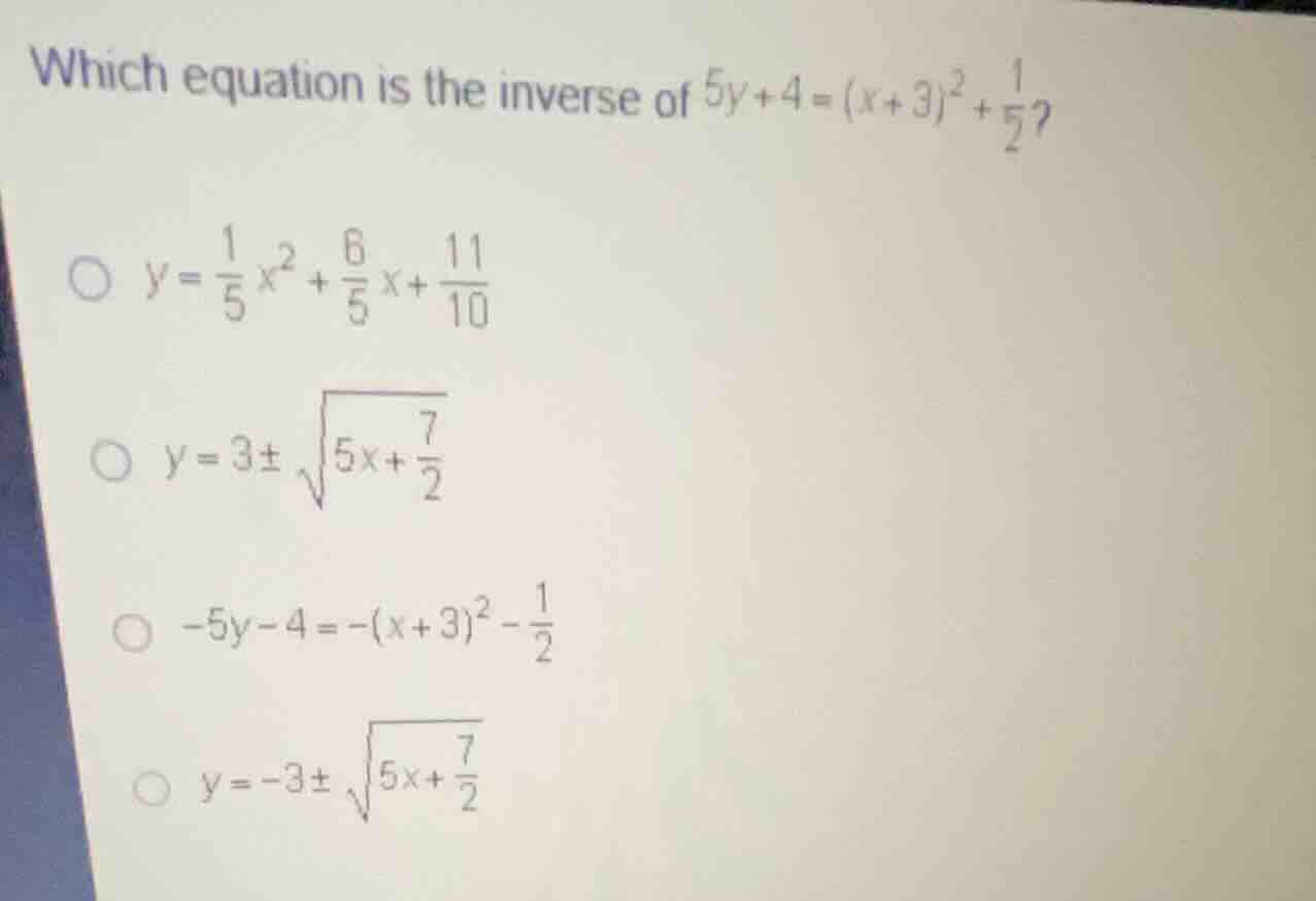 which equation is the inverse of \\(5y + 4 = (x + 3)^2 + \\frac{1}{2}\\…