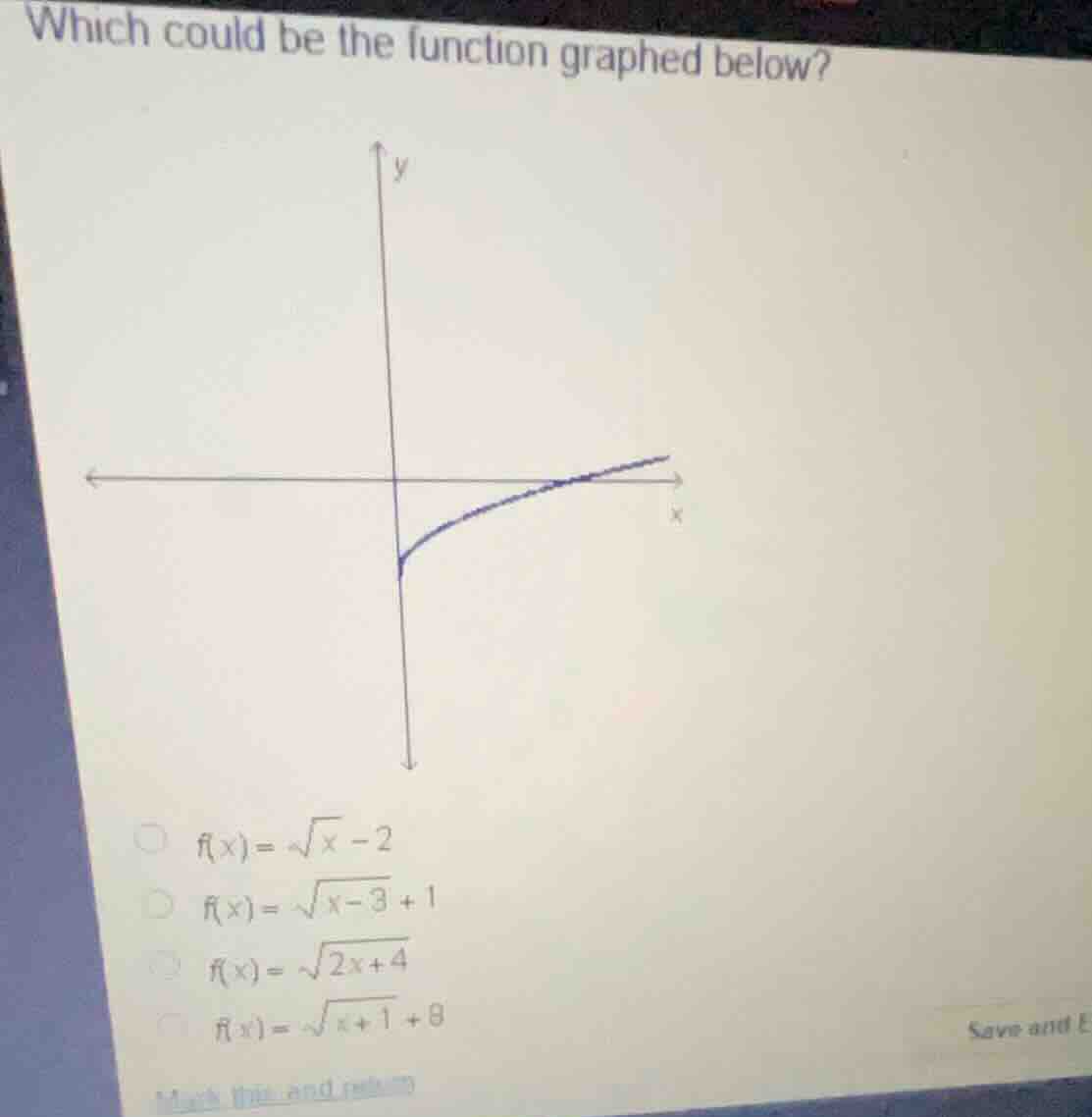 which could be the function graphed below? \\(f(x) = \\sqrt{x} - 2\\) \…