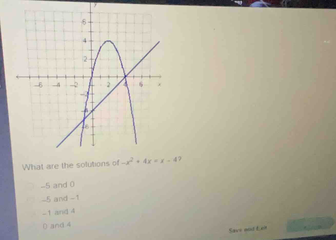 what are the solutions of (-x^2 + 4x = x - 4)? -5 and 0 -5 and -1 -1 an…