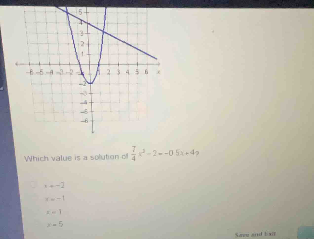 which value is a solution of \\(\\frac{7}{4}x^2 - 2 = -0.5x + 4\\)? \\(…