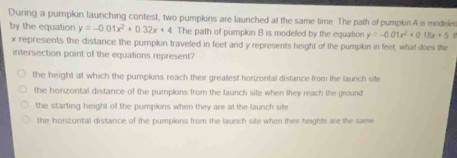 during a pumpkin launching contest, two pumpkins are launched at the sa…