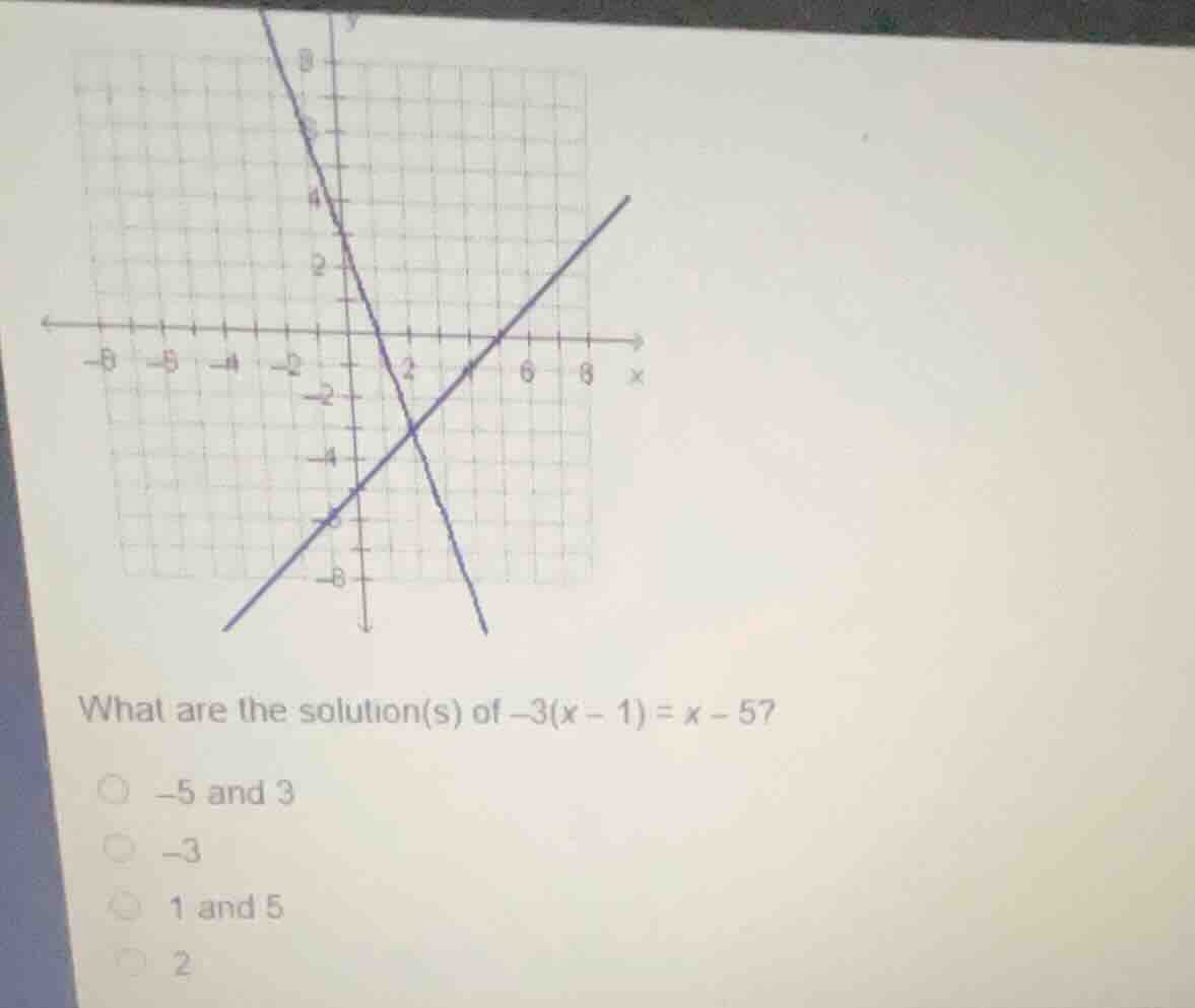 what are the solution(s) of \\(-3(x - 1) = x - 5\\)? -5 and 3 -3 1 and …