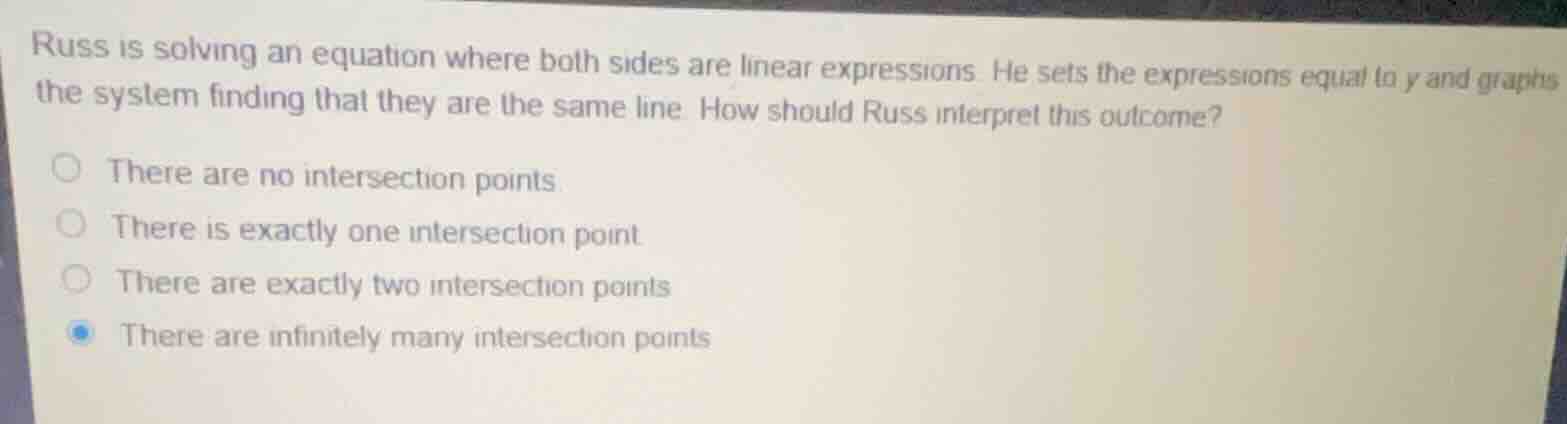russ is solving an equation where both sides are linear expressions. he…