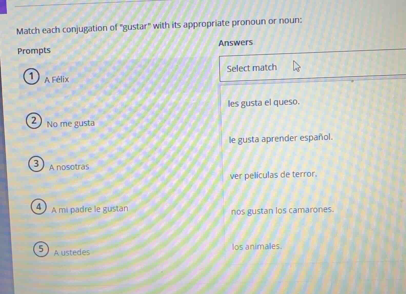 match each conjugation of \gustar\ with its appropriate pronoun or noun…