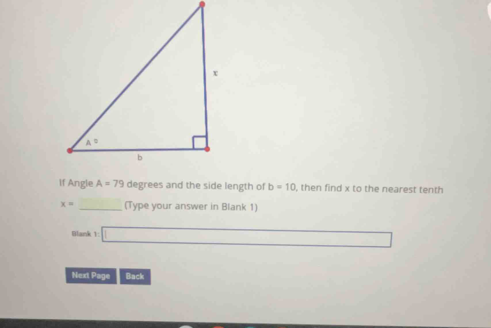 if angle a = 79 degrees and the side length of b = 10, then find x to t…