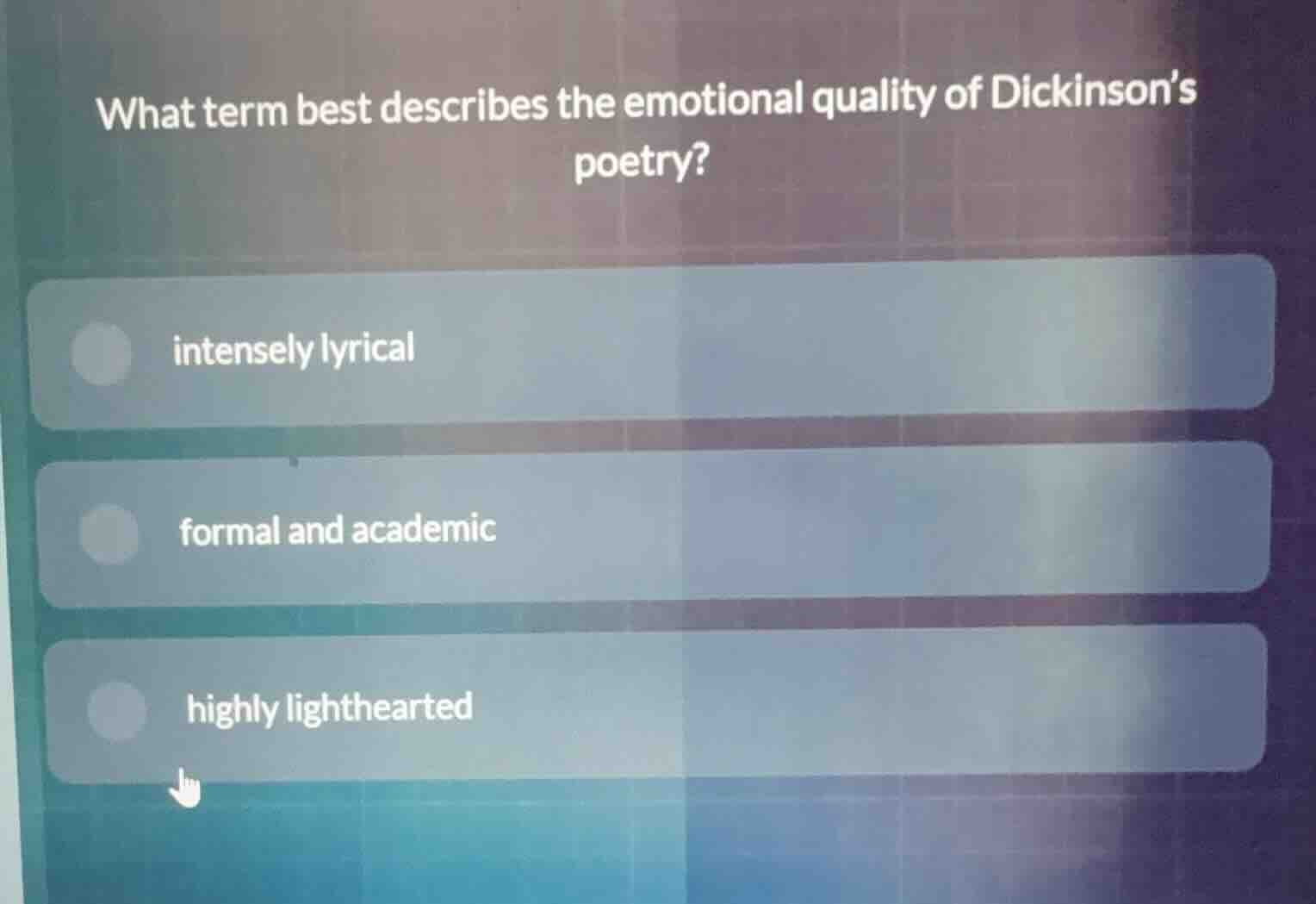 what term best describes the emotional quality of dickinsons poetry? in…