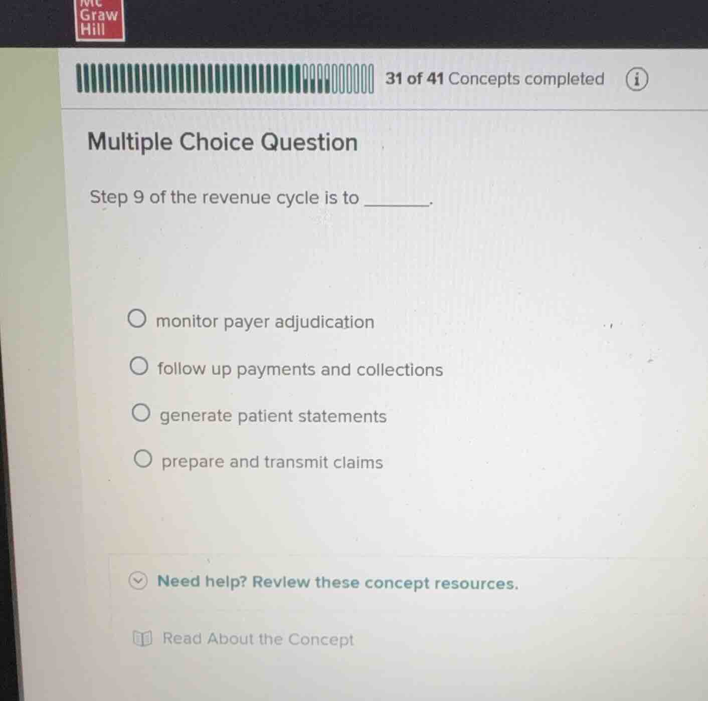 multiple choice question step 9 of the revenue cycle is to ______. - mo…