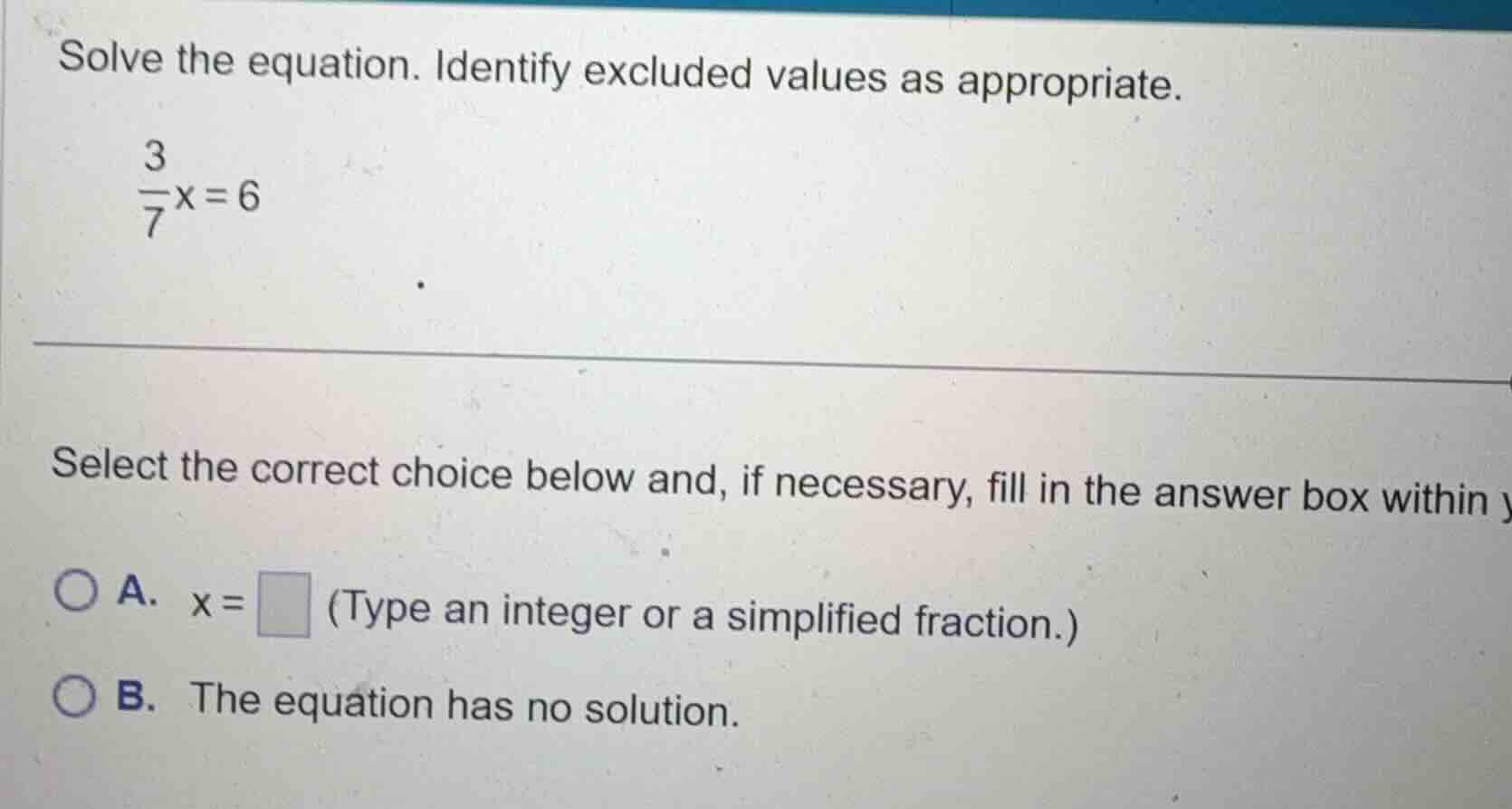 solve the equation. identify excluded values as appropriate. \\\\frac{3…