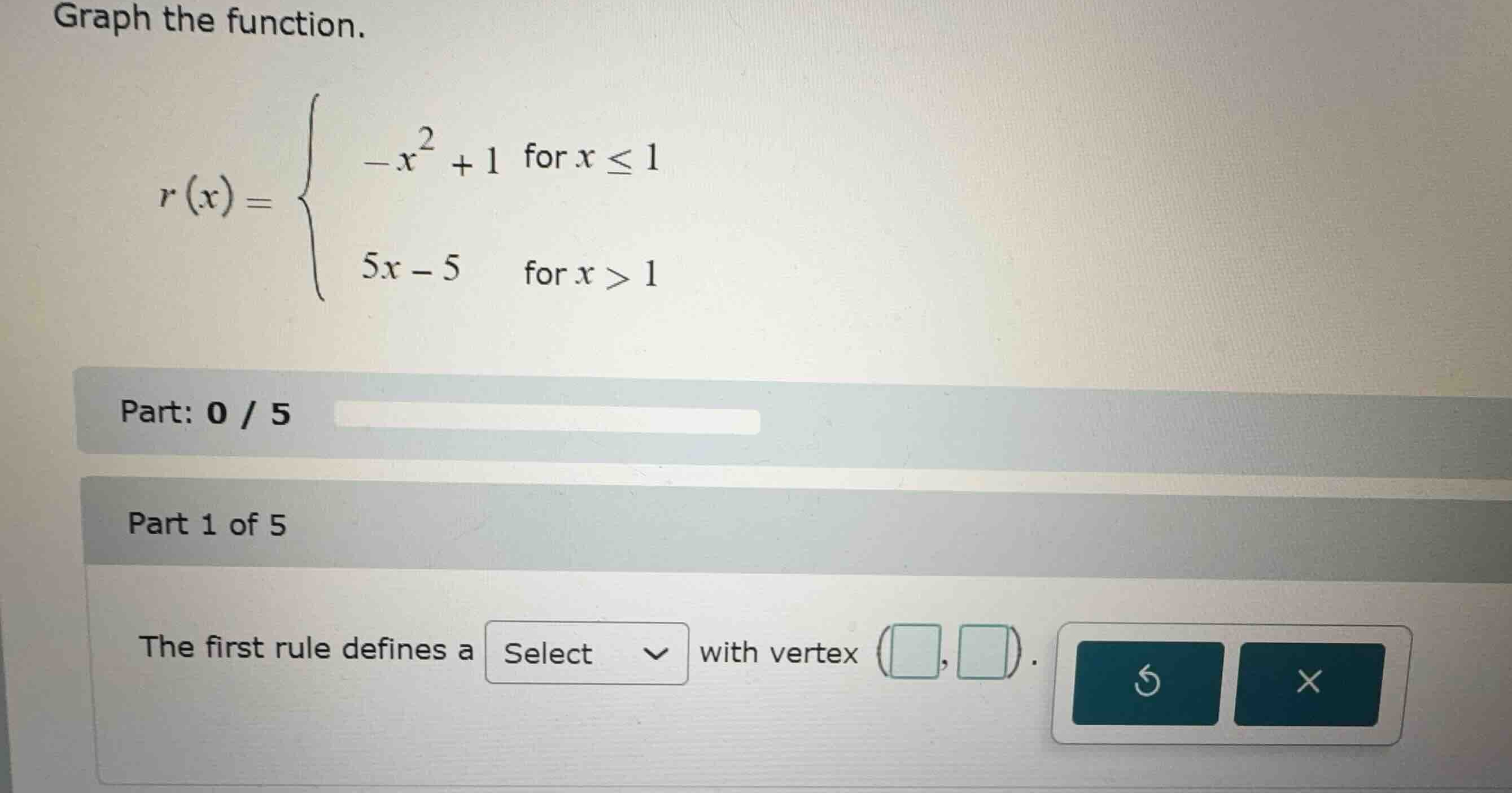 graph the function. \ (x) = \\begin{cases} -x^2 + 1 & \\text{for } x \\…