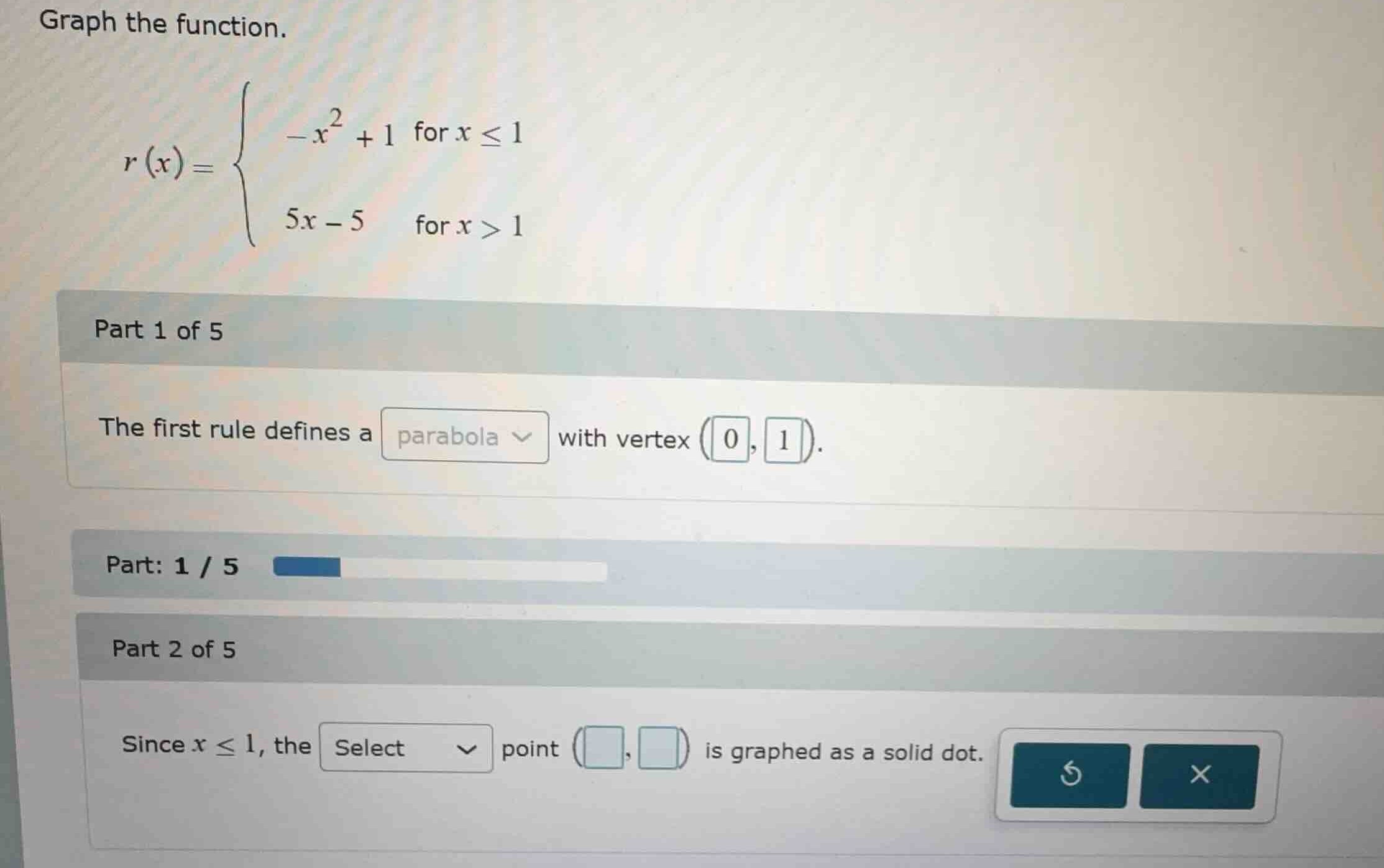 graph the function. \ (x) = \\begin{cases} -x^2 + 1 & \\text{for } x \\…