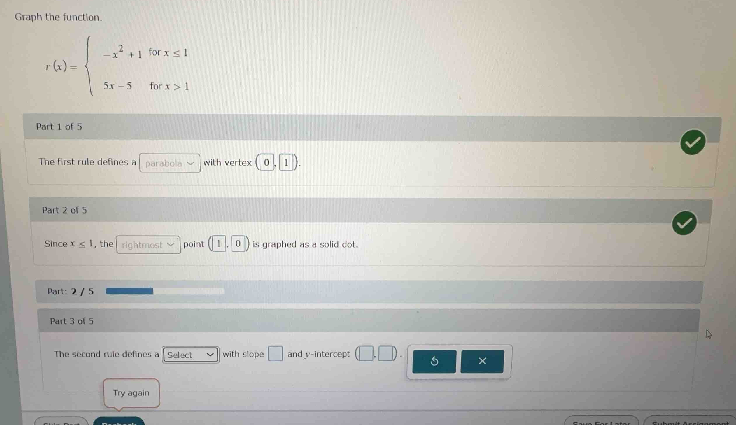 graph the function. \ (x) = \\begin{cases} -x^2 + 1 & \\text{for } x \\…