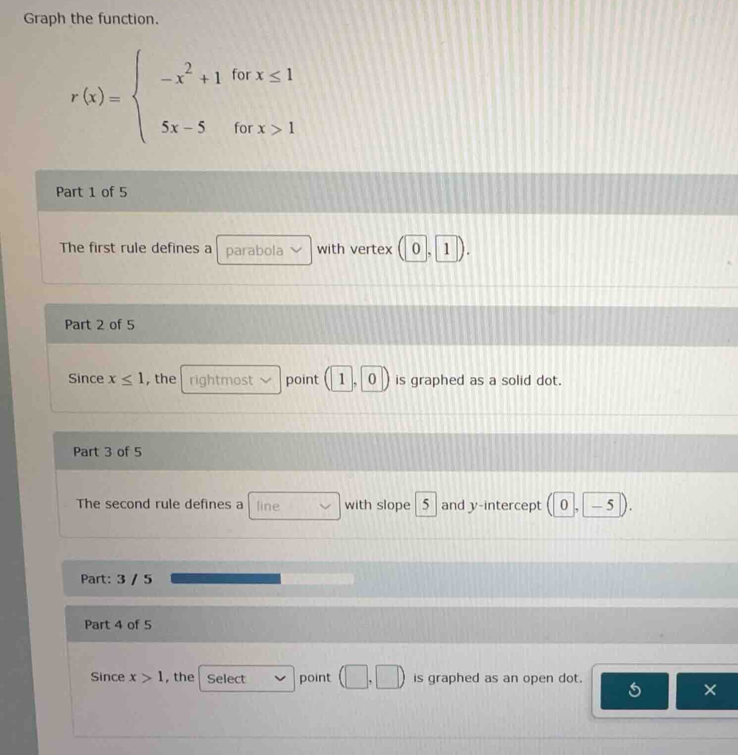 graph the function. \ (x) = \\begin{cases} -x^2 + 1 & \\text{for } x \\…