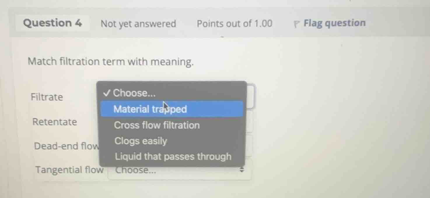 match filtration term with meaning. filtrate retentate dead-end flow ta…