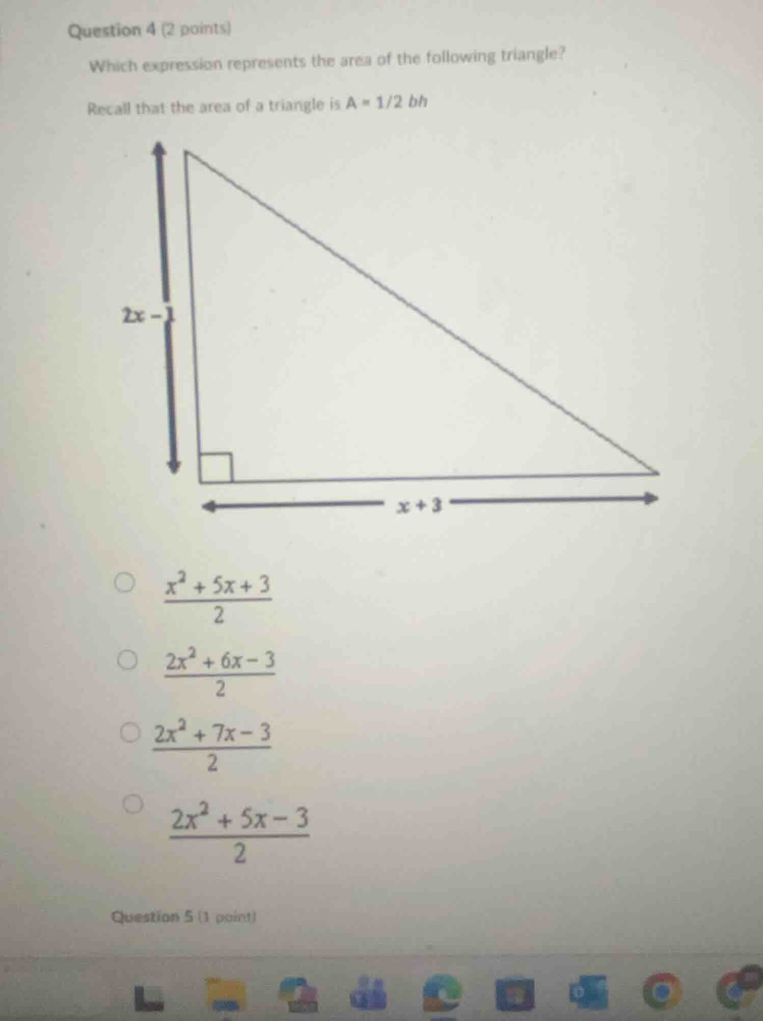 question 4 (2 points) which expression represents the area of the follo…