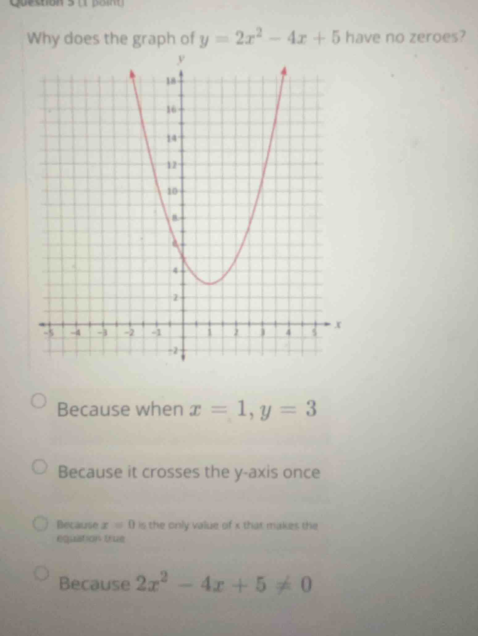 why does the graph of (y = 2x^2 - 4x + 5) have no zeroes? because when …