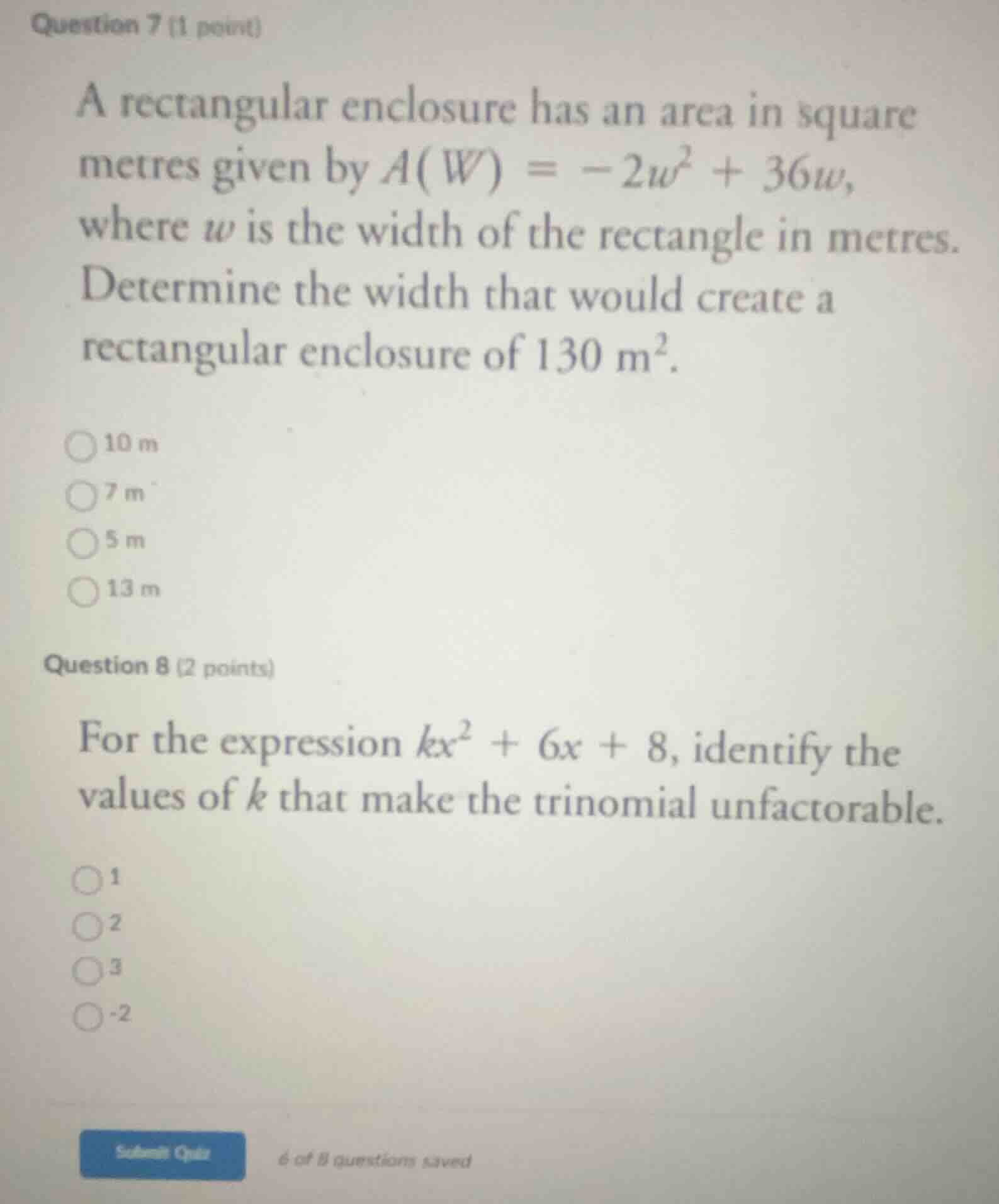 question 7 (1 point) a rectangular enclosure has an area in square metr…