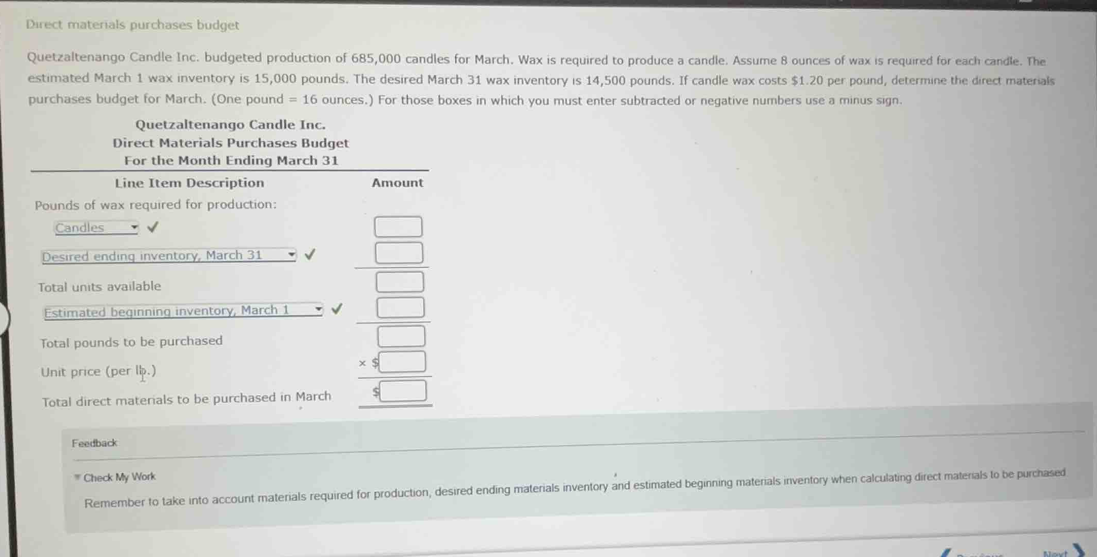 direct materials purchases budget quetzaltenango candle inc. budgeted p…