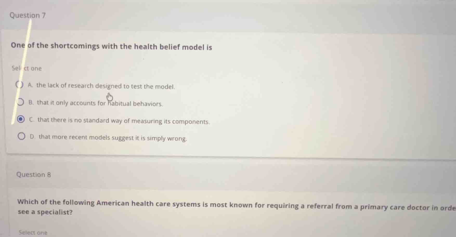 question 7 one of the shortcomings with the health belief model is sele…