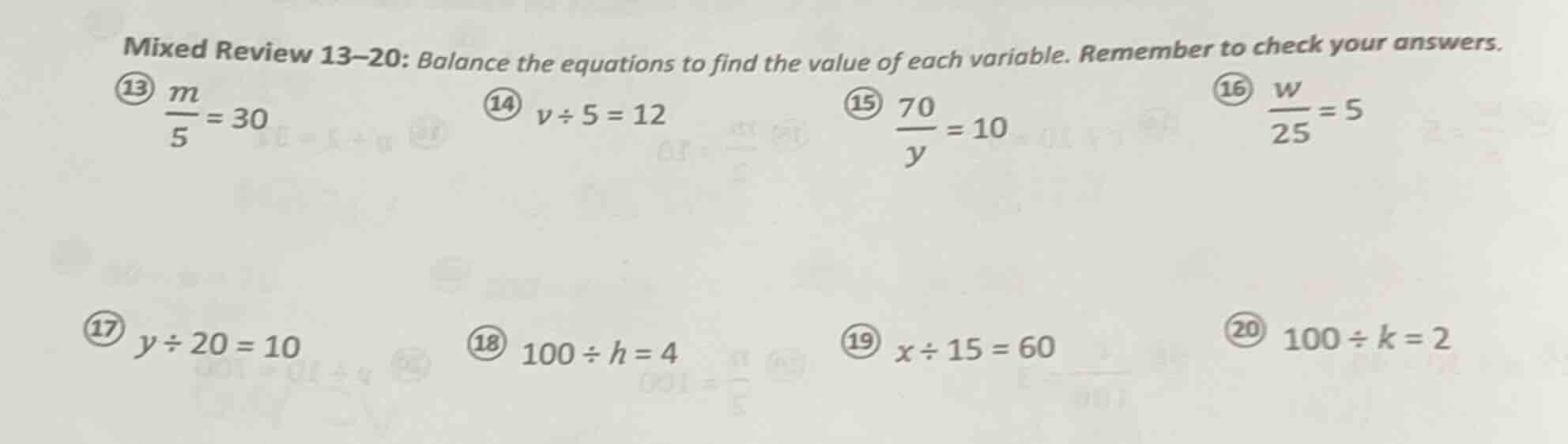 mixed review 13-20: balance the equations to find the value of each var…