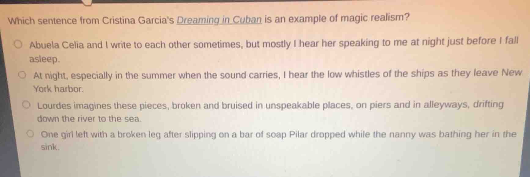 which sentence from cristina garcias dreaming in cuban is an example of…