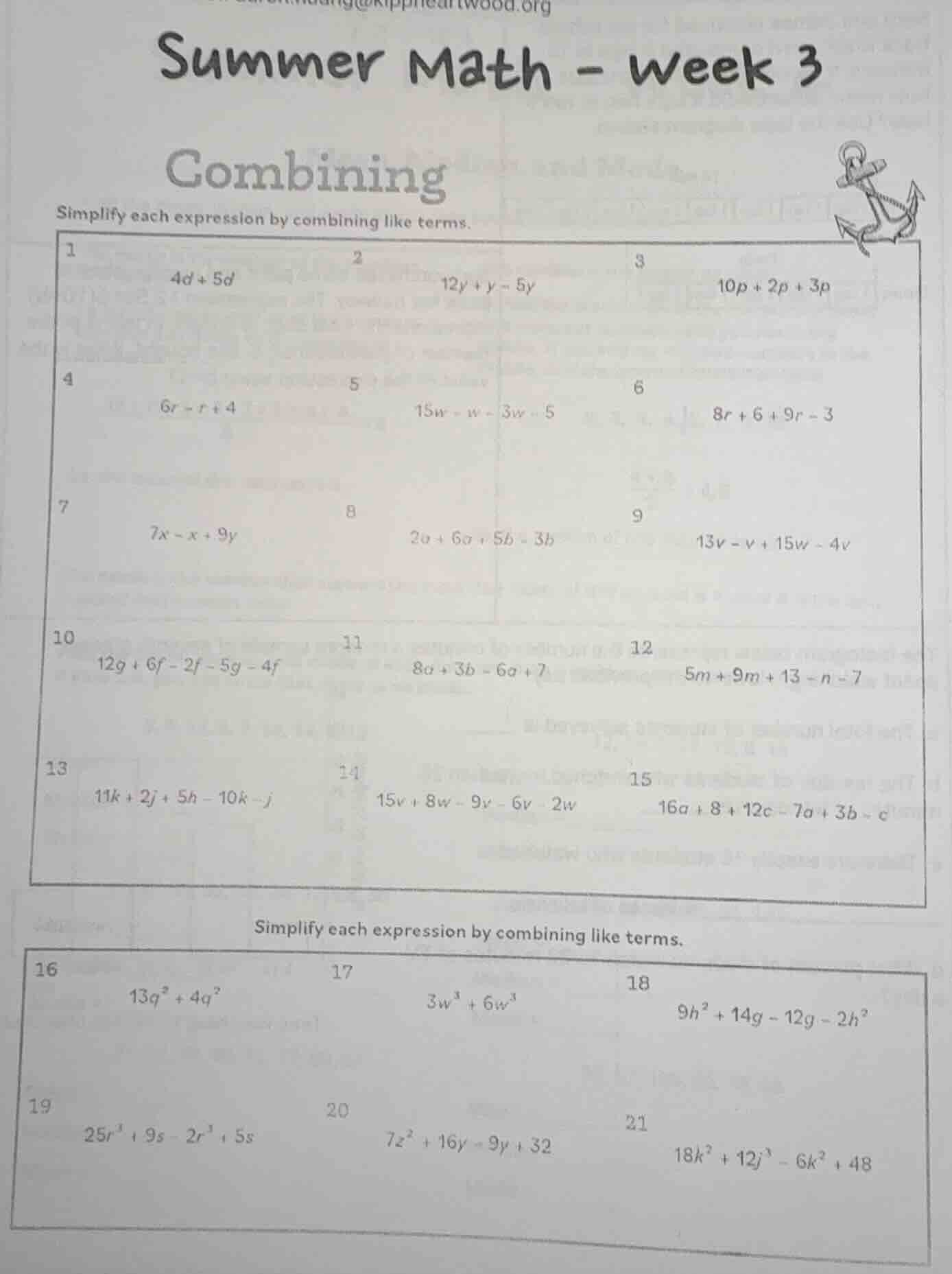 summer math - week 3 combining simplify each expression by combining li…