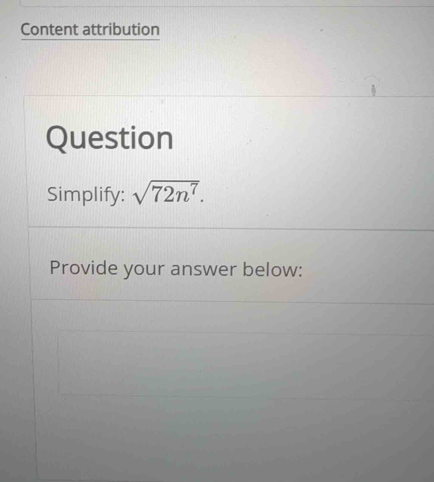 question simplify: \\(\\sqrt{72n^7}\\). provide your answer below: