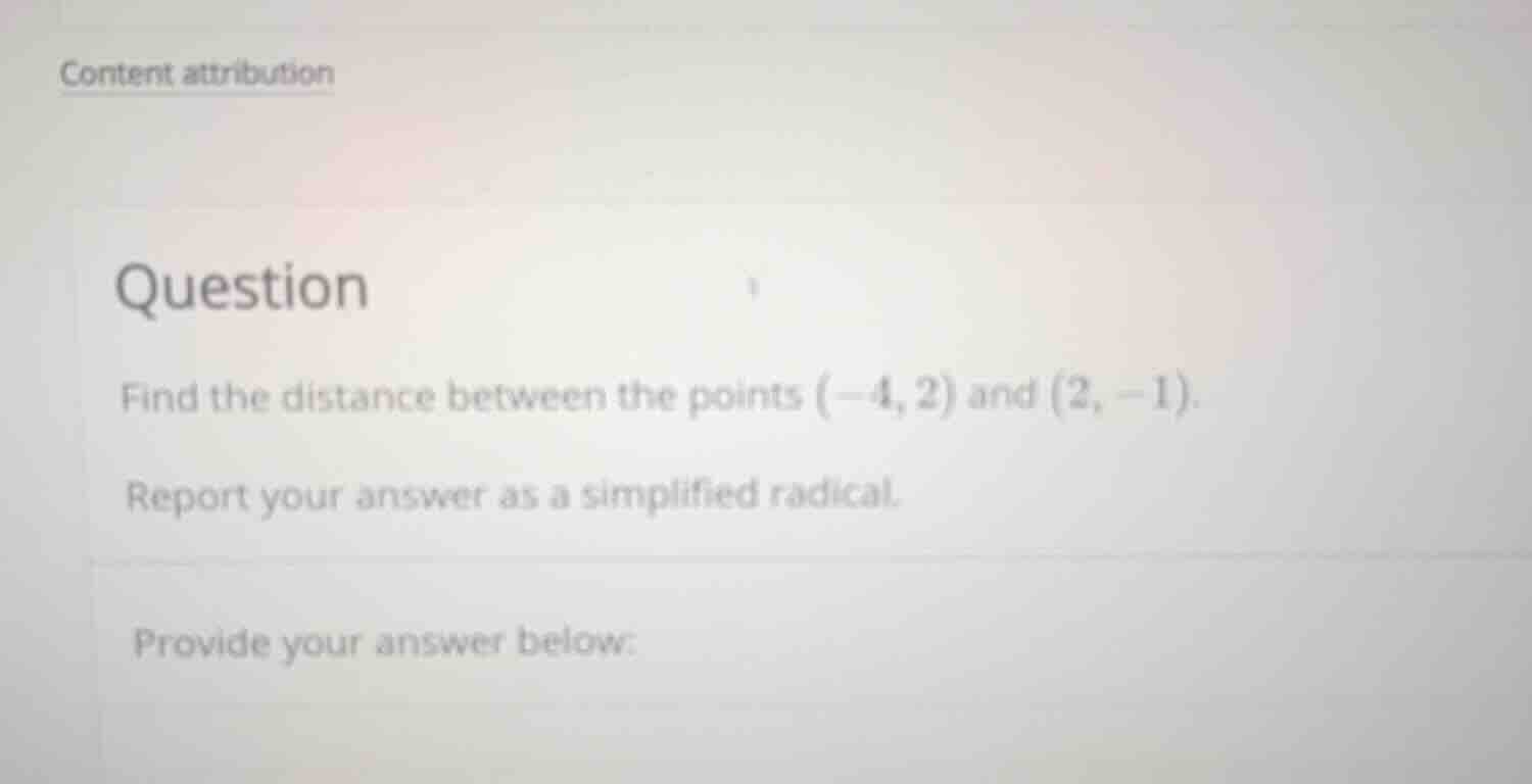 question find the distance between the points \\((-4, 2)\\) and \\((2, …
