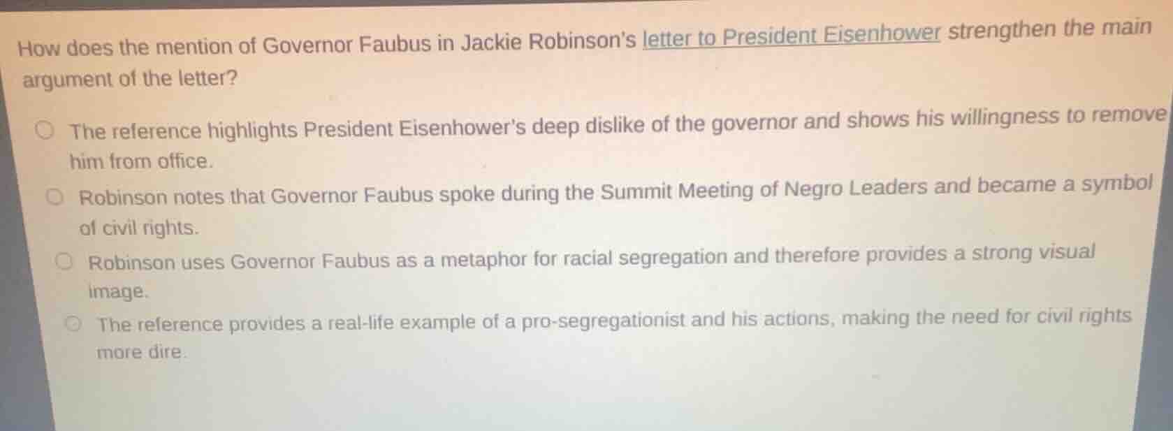 how does the mention of governor faubus in jackie robinsons letter to p…