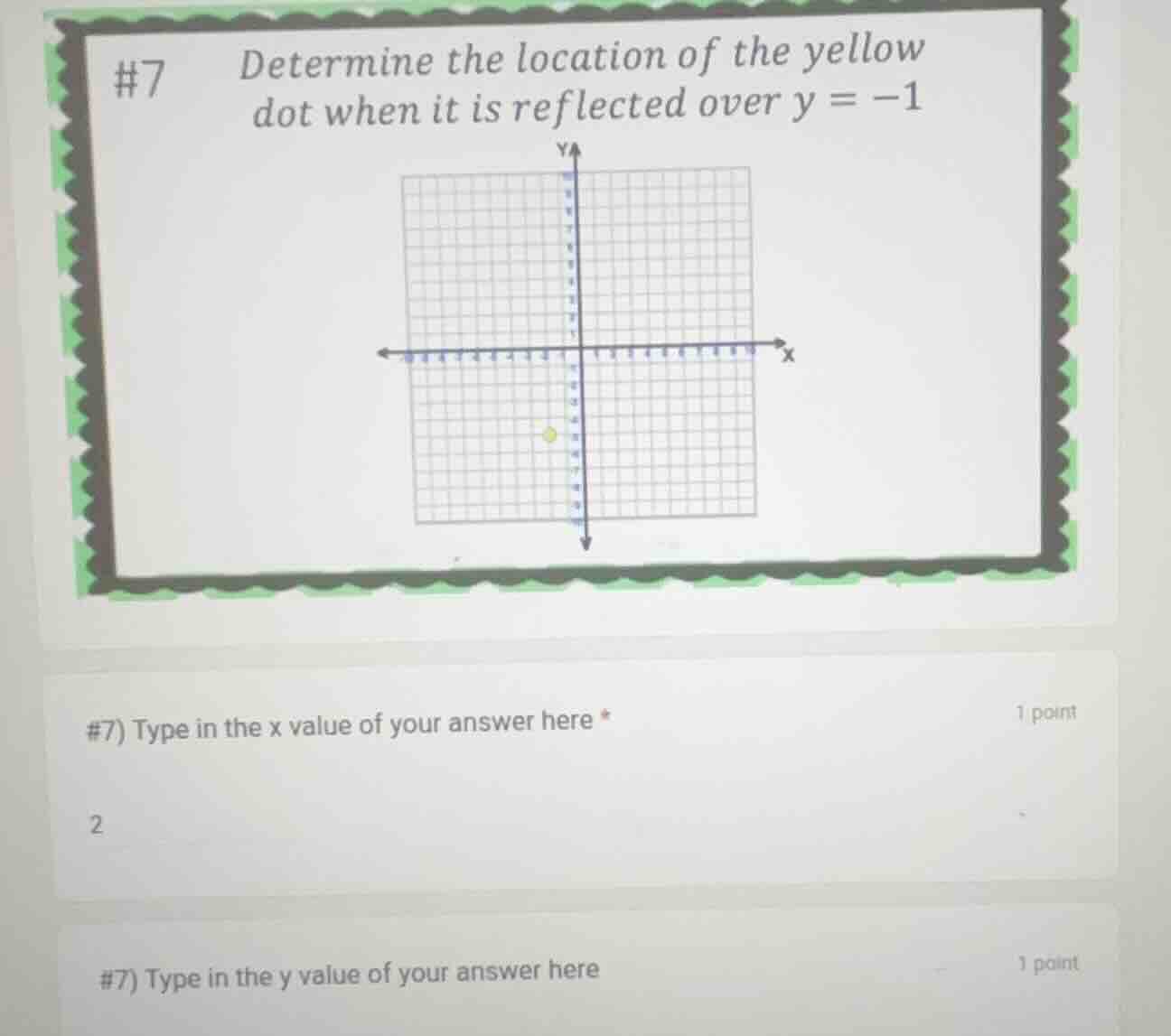 #7 determine the location of the yellow dot when it is reflected over \…