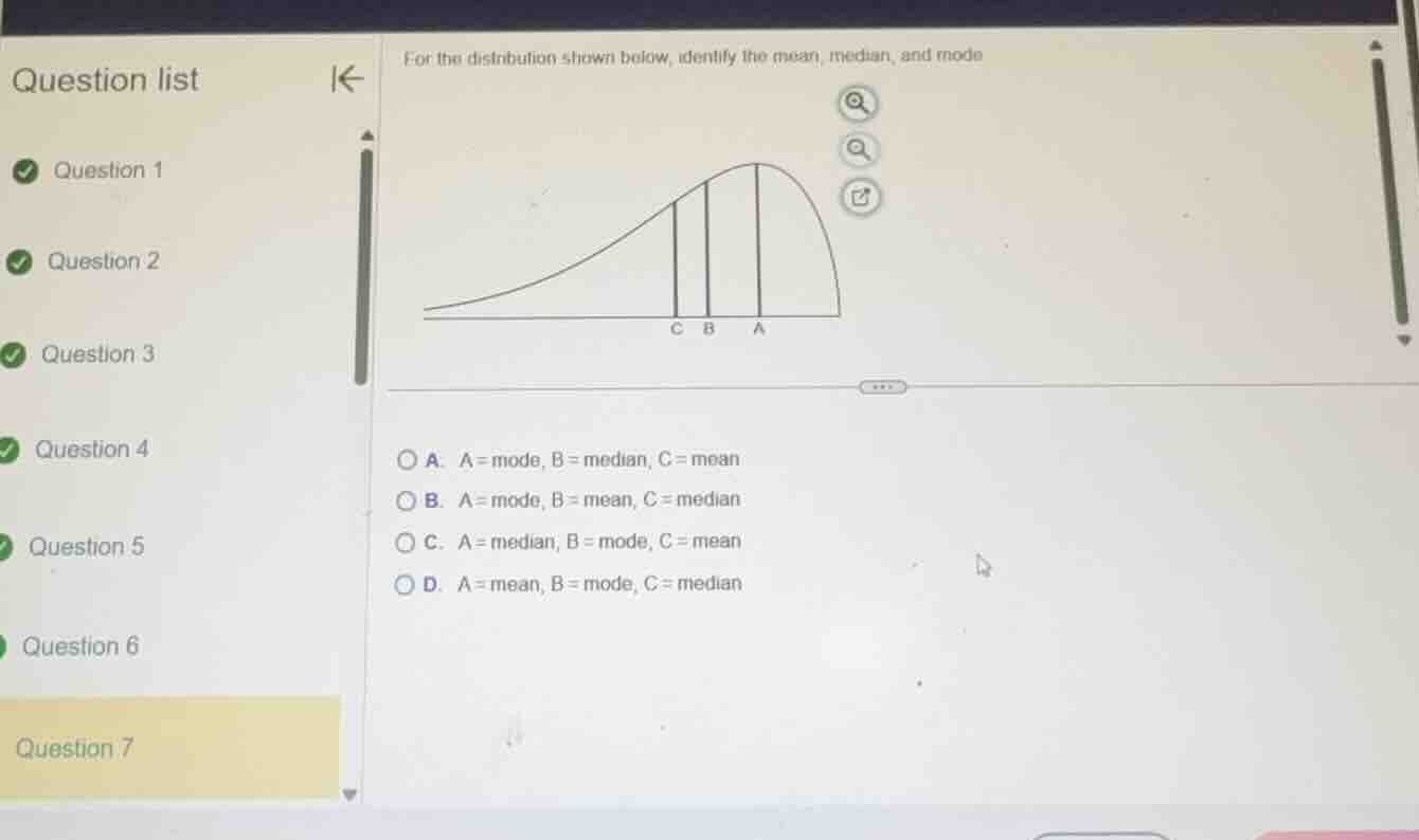 for the distribution shown below, identify the mean, median, and mode. …