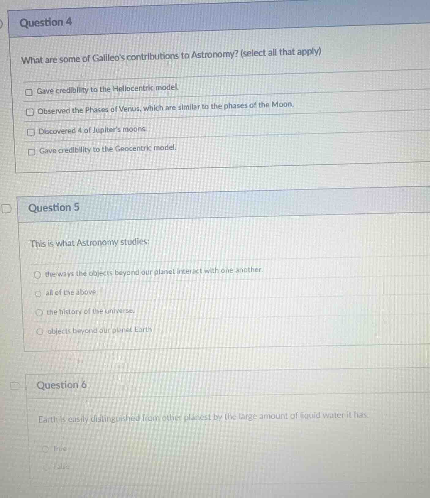 question 4 what are some of galileos contributions to astronomy? (selec…