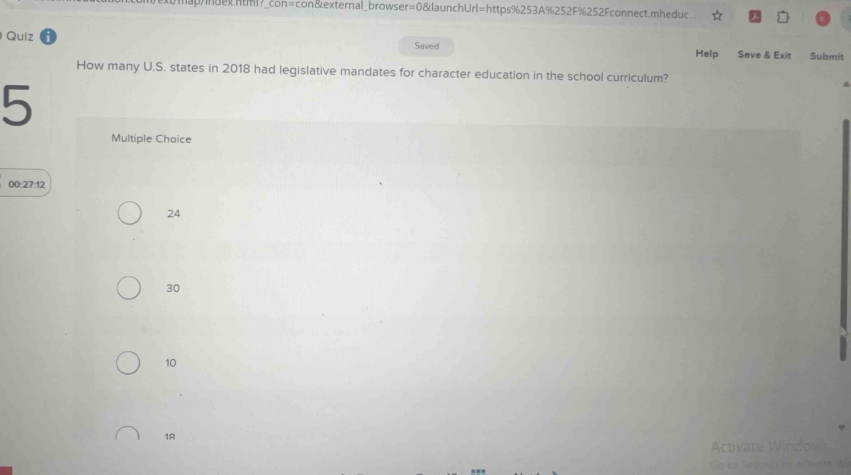 how many u.s. states in 2018 had legislative mandates for character edu…