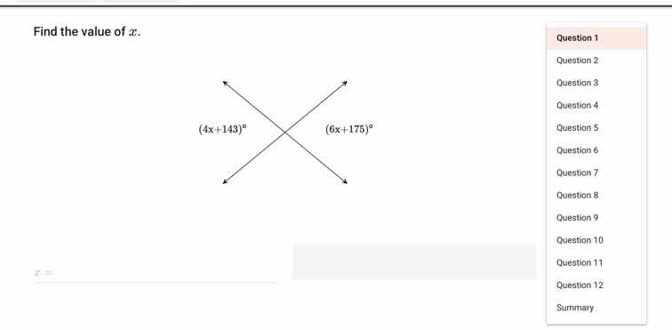 find the value of \\(x\\). \\((4x + 143)^\\circ\\) \\((6x + 175)^\\circ…