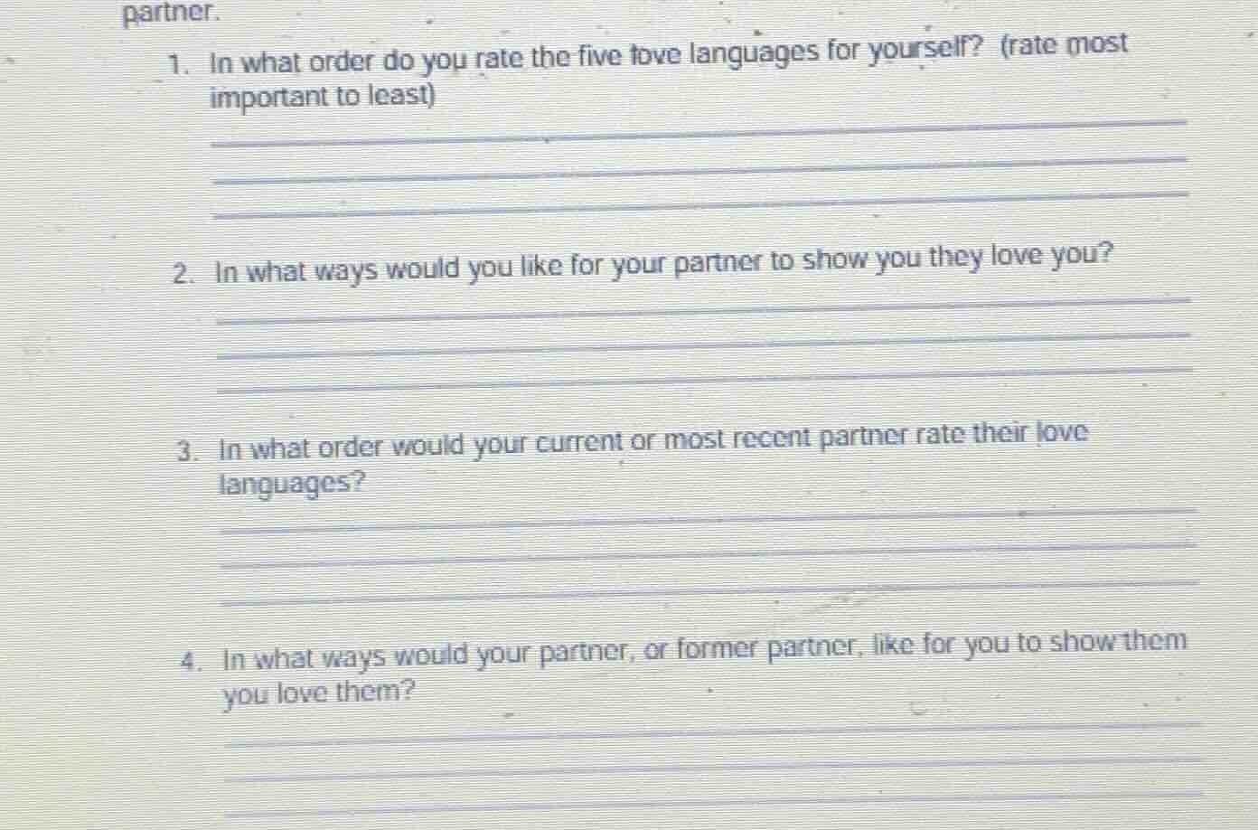 partner. 1. in what order do you rate the five love languages for yours…