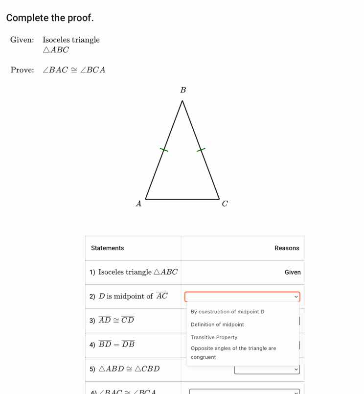 complete the proof. given: isoceles triangle \\(\\delta abc\\) prove: \…