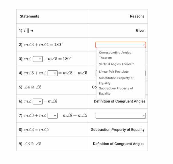 statements reasons 1) \\(l \\parallel n\\) given 2) \\(m\\angle 3 + m\\…