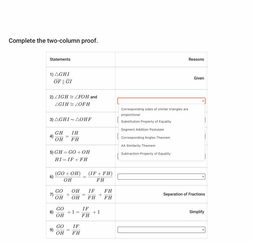 complete the two-column proof. statements | reasons 1) \\(\\delta ghi\\…