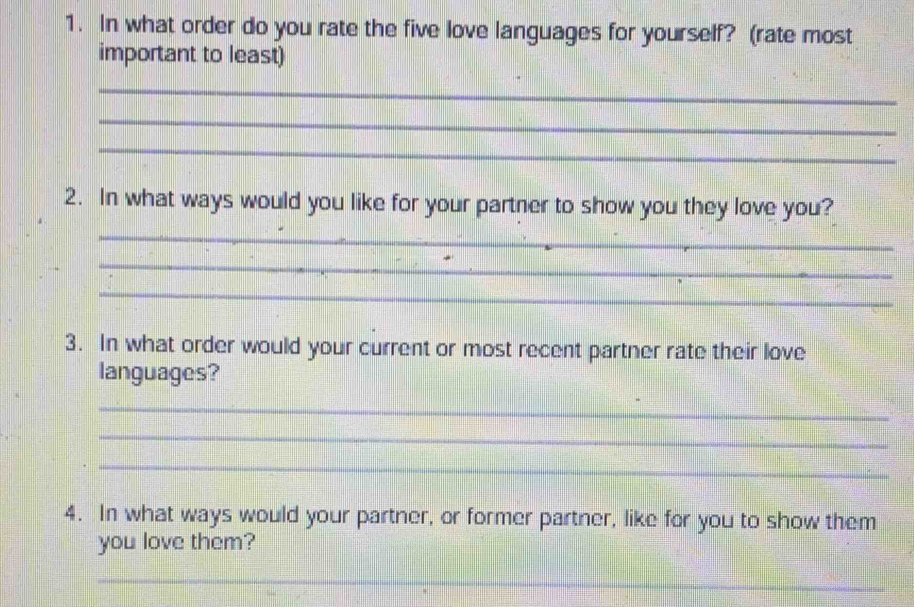 1. in what order do you rate the five love languages for yourself? (rat…