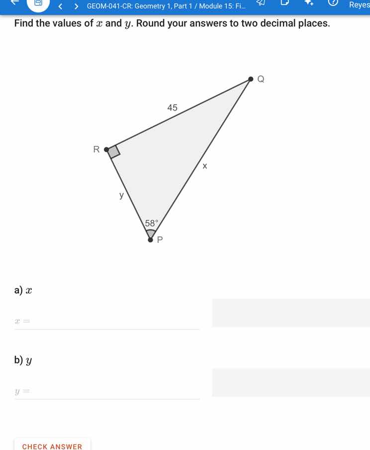 find the values of \\(x\\) and \\(y\\). round your answers to two decim…