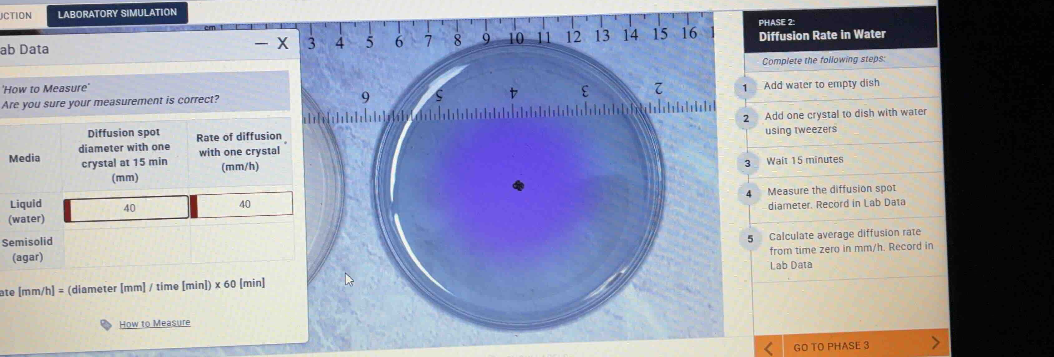 laboratory simulation phase 2: diffusion rate in water complete the fol…