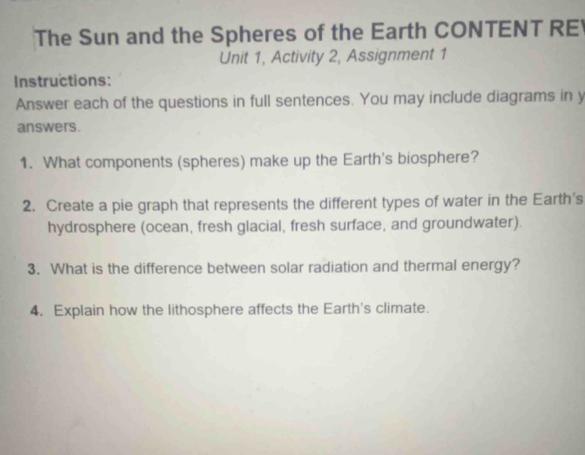 the sun and the spheres of the earth content review unit 1, activity 2,…