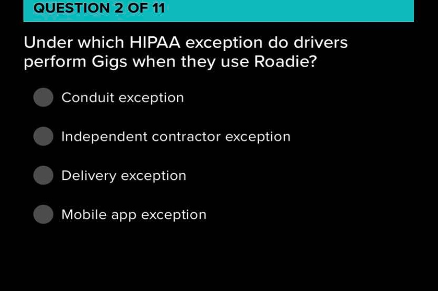 question 2 of 11 under which hipaa exception do drivers perform gigs wh…